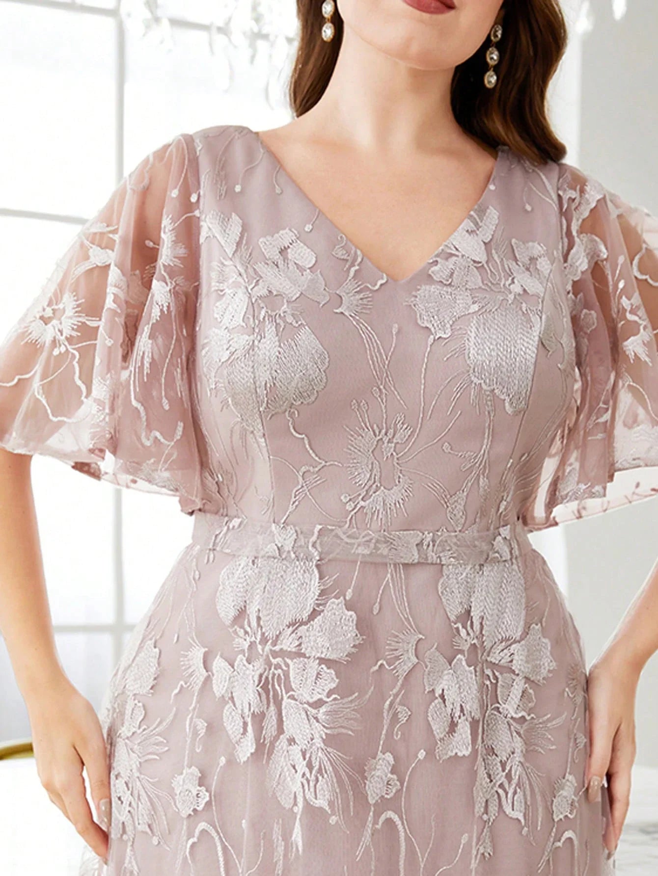 V Neck Lace Embroidered Dress With Large Flared Sleeves