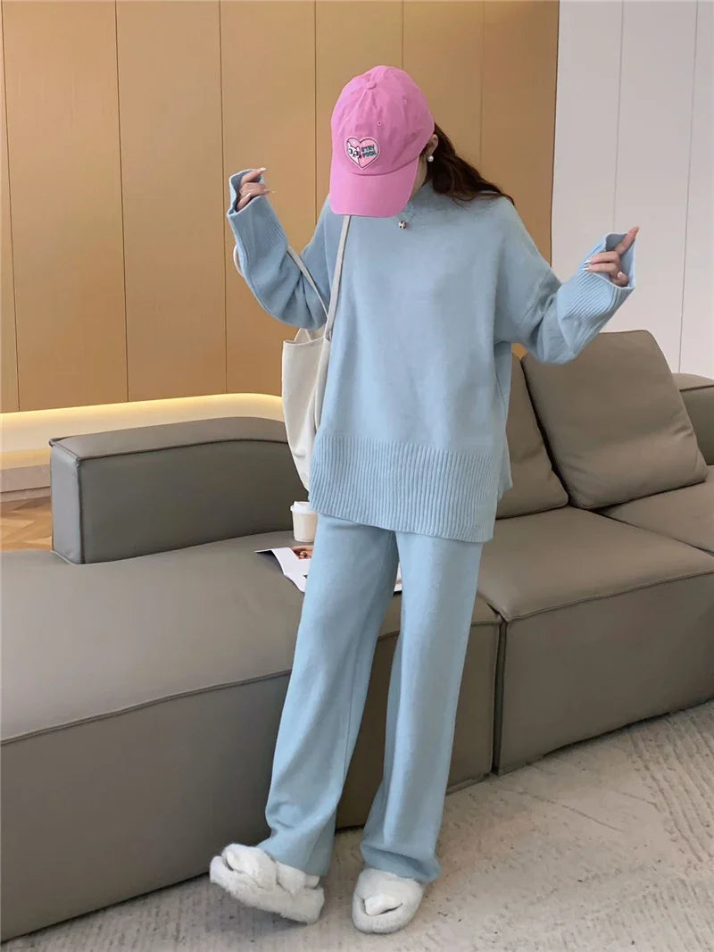 Cozy Split Knit Sweater and Casual Pants Two-Piece Set for Women Soft Solid Color Autumn Winter Outfit