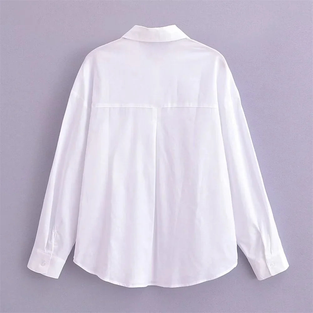 Women's White Pure Linen Long Sleeve Shirt with Pocket Detail Loose Fit Slimming Design