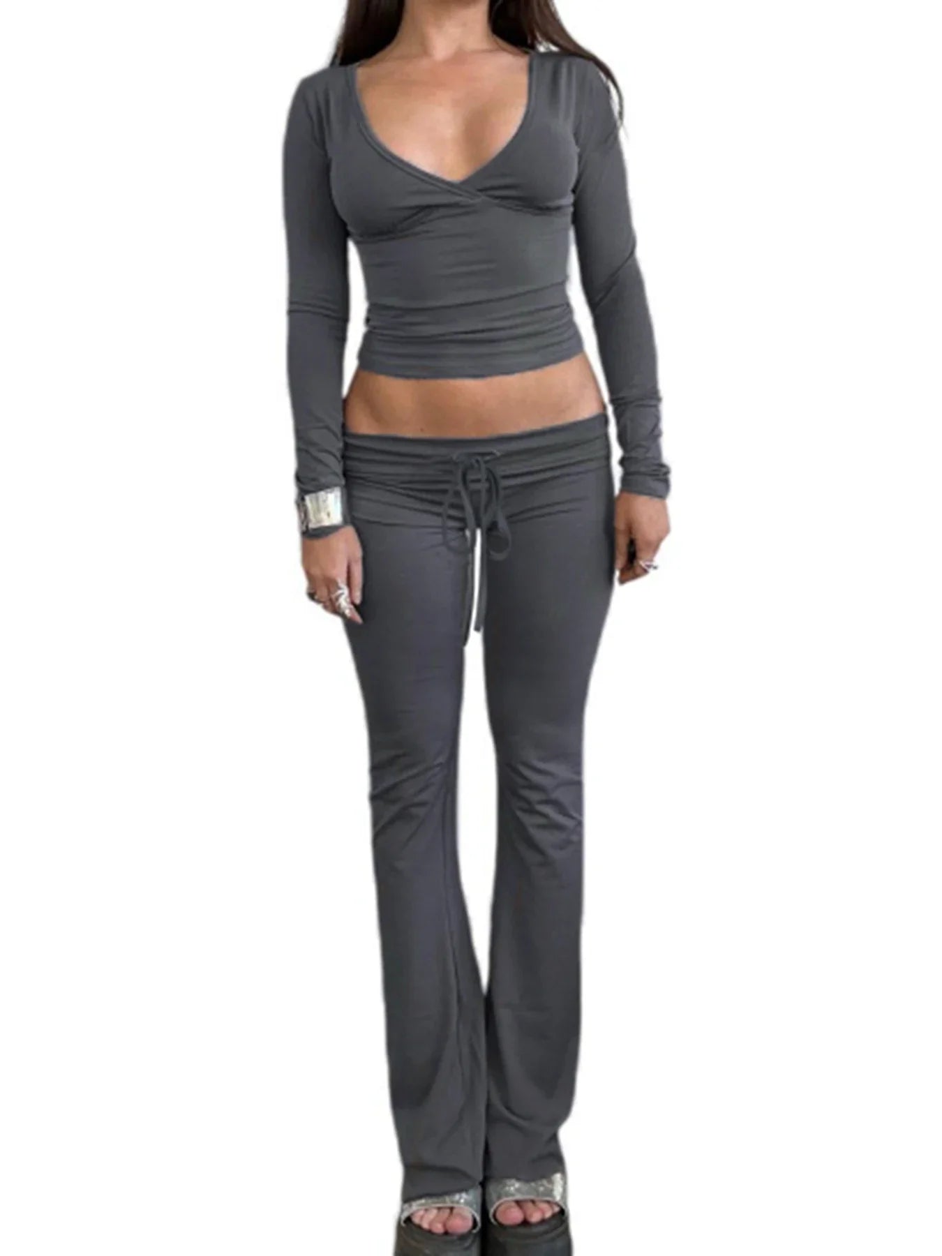 Casual V Neck Long Sleeve Top and Slim Drawstring Full Length Pants Women's Chic Low Waist Two Piece Outfit Set