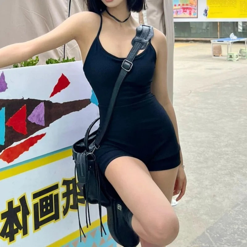 Solid Backless Tank Bodysuit Top with U-Neck Slim Fit Romper One-Piece Bodycon Jogger Shorts Playsuit for Women