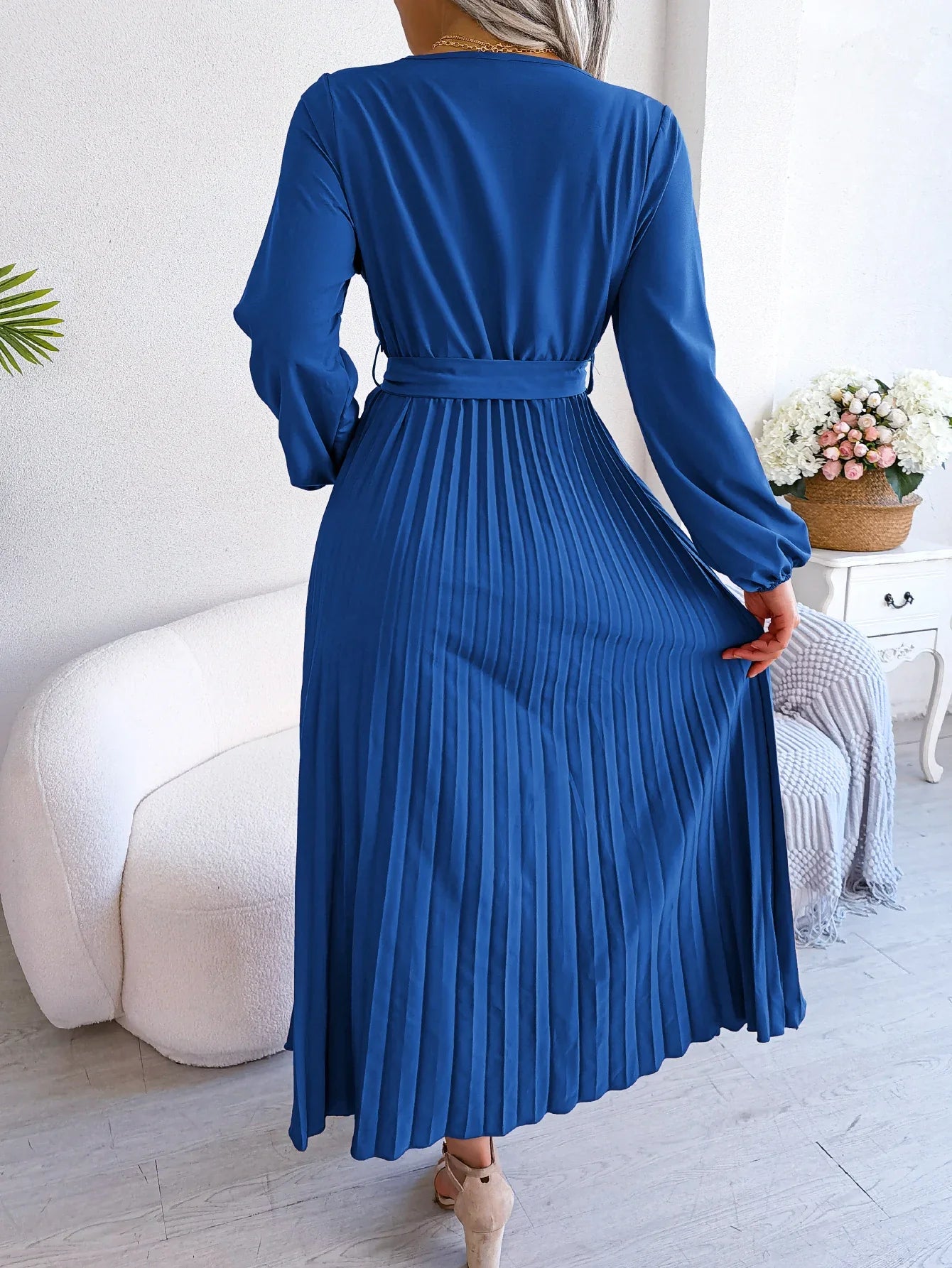 Elegant Surplice Neck Pleated Maxi Dress With Belt Flair