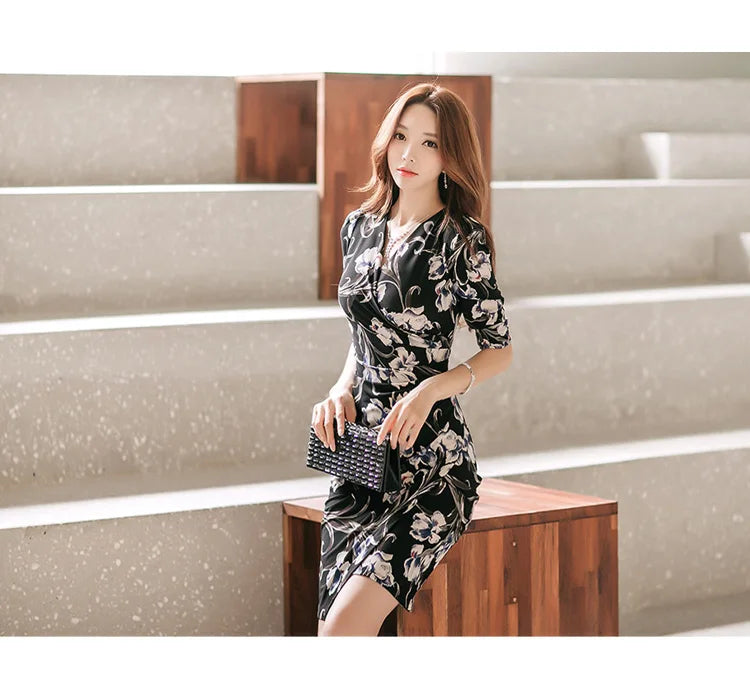 V-Neck Pencil Dress for Women Vintage Print Office Wear