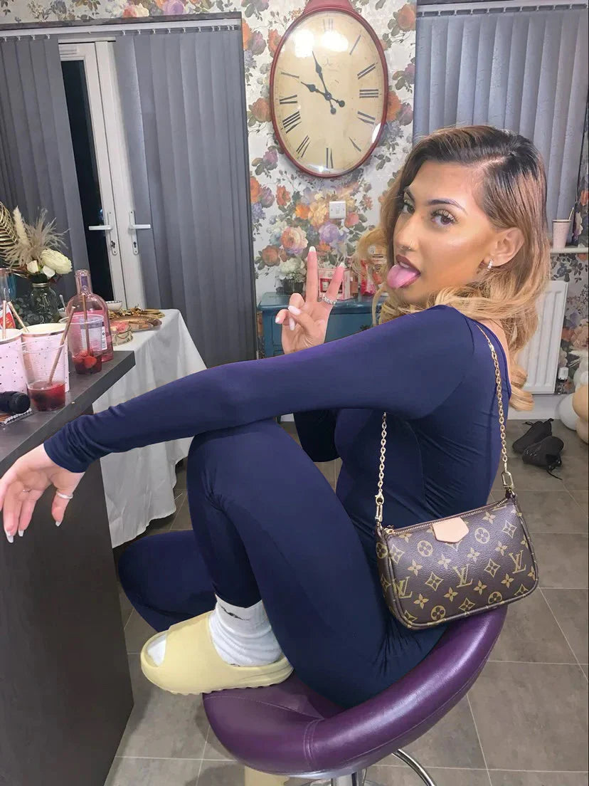 Women's Casual Solid Color Round Neck Long Sleeve Yoga Jumpsuit with Comfortable Fit