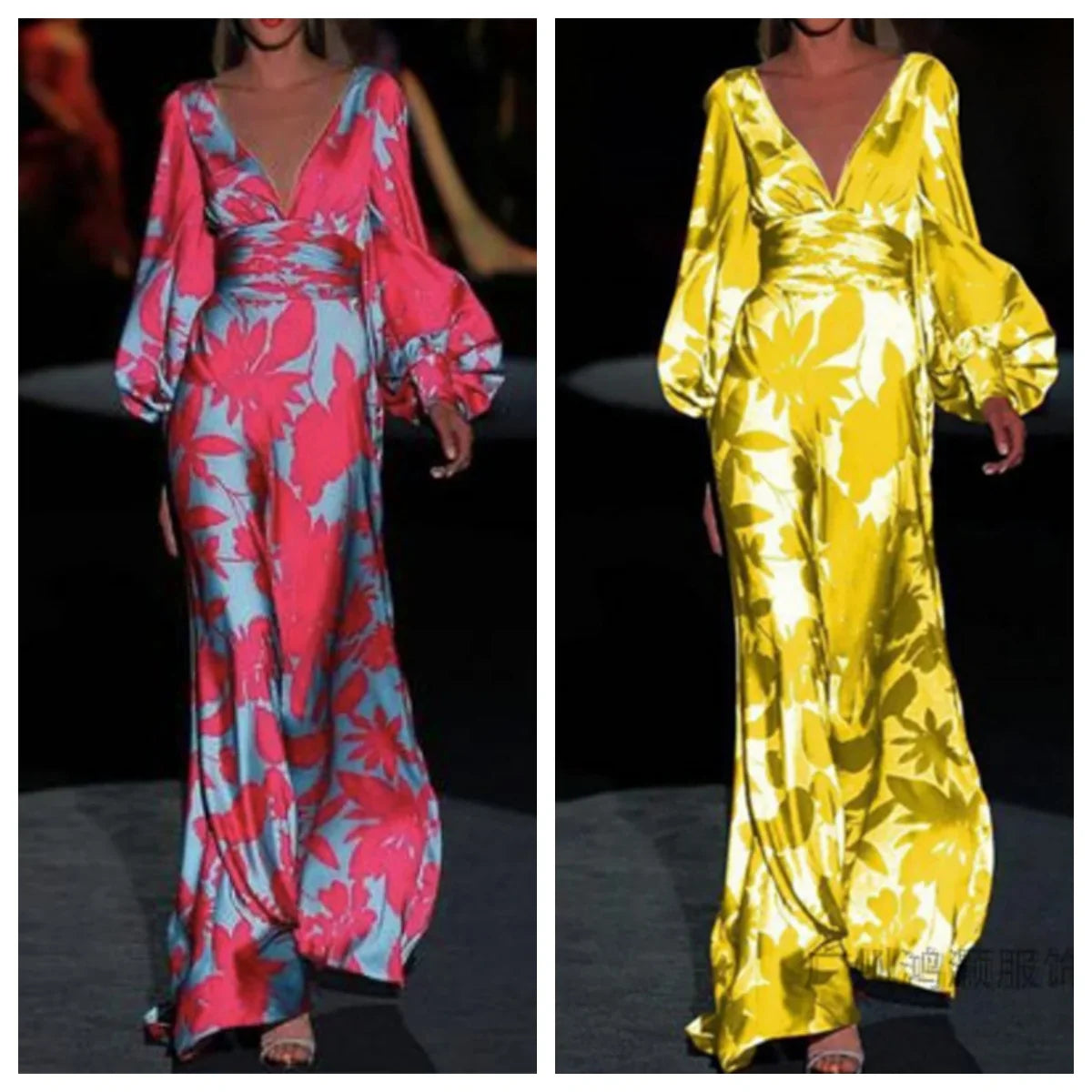 Printed Womens V Neck Lantern Sleeve Long Evening Dress