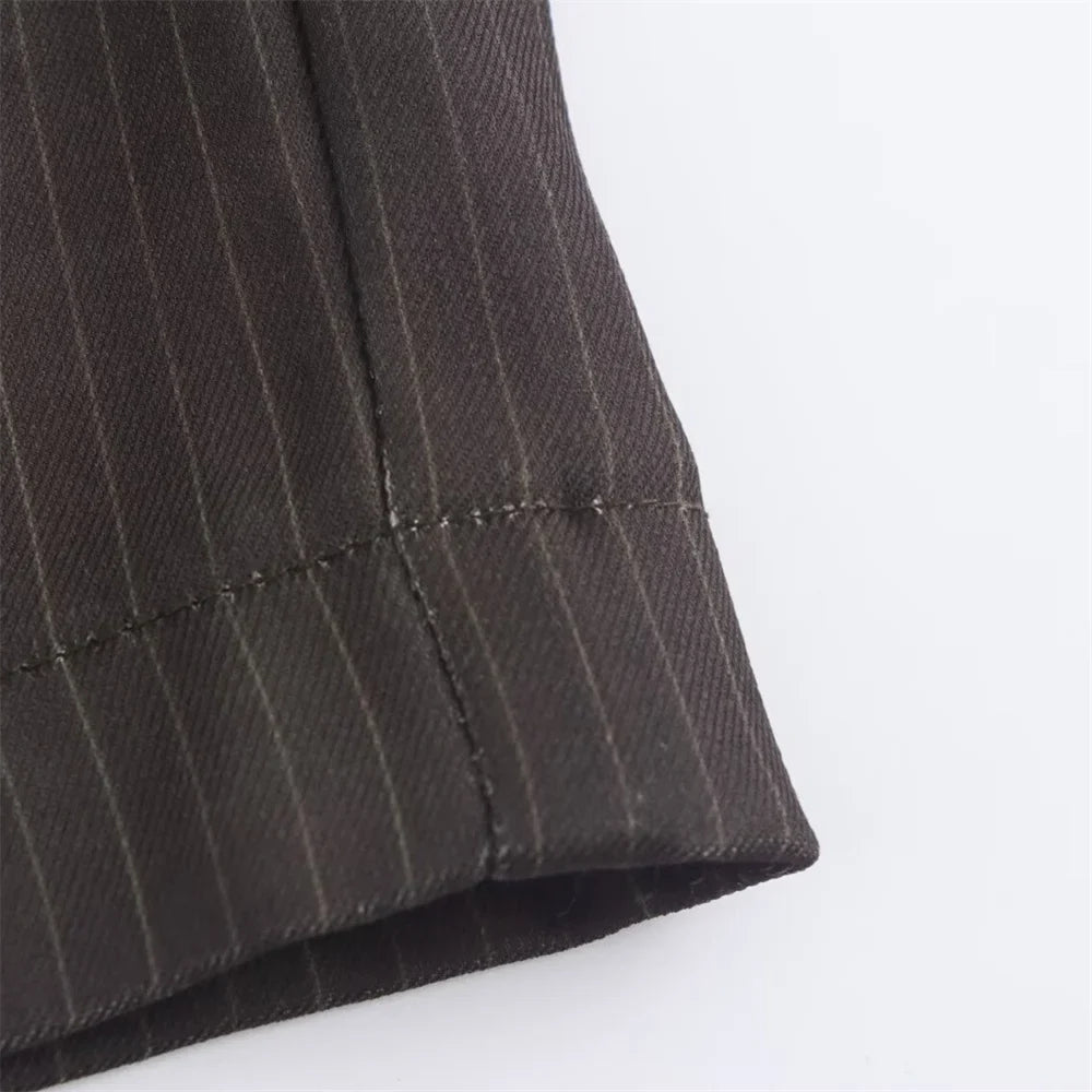 Autumn Women's Fashion Striped Loose Suit Coat with Buckle Decoration and High Waist Striped Pants Set