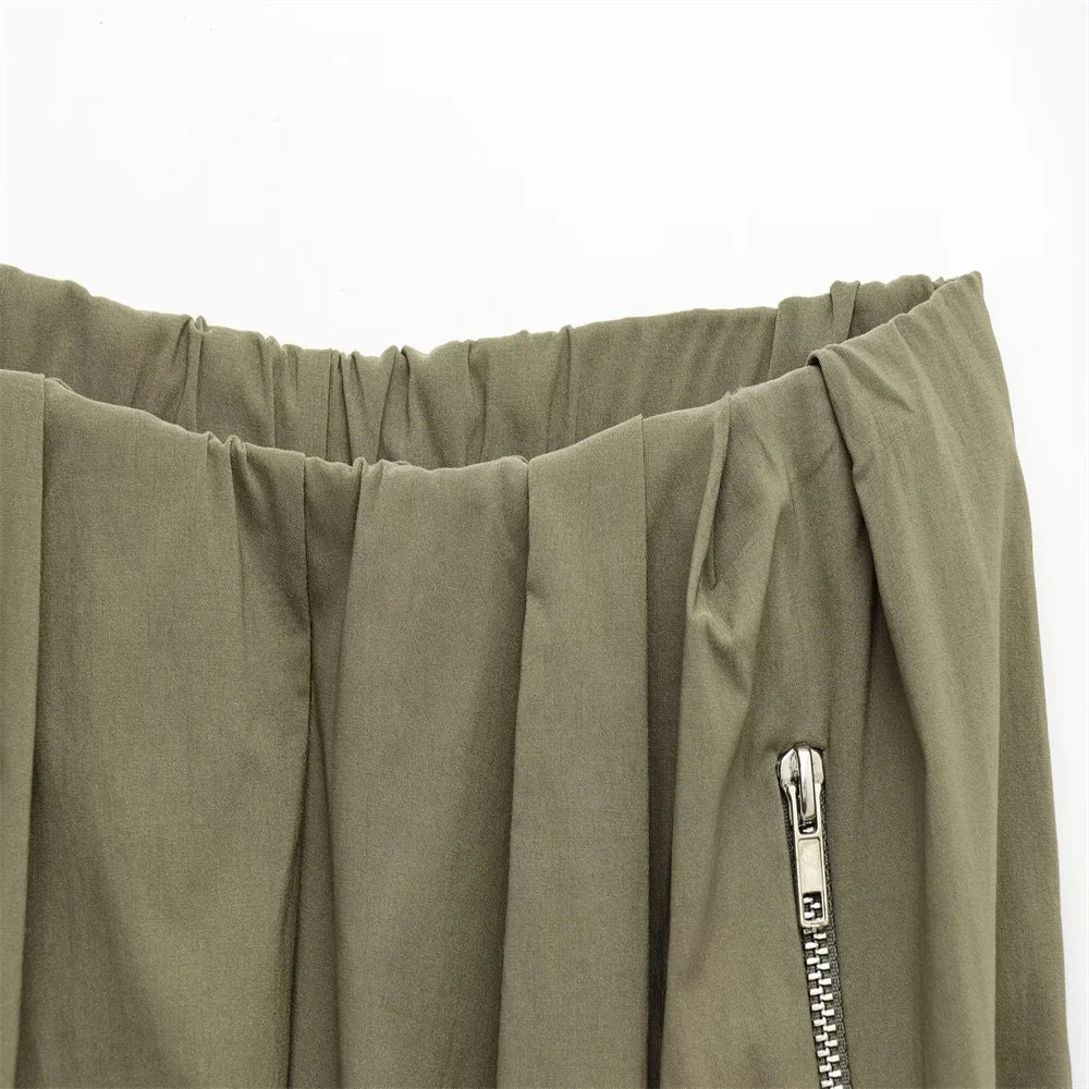 Olive Green Cowl Neck Asymmetric Zip Jacket with Elastic Waist Wide Leg Cargo Pants Set for Trendy Women's Fashion