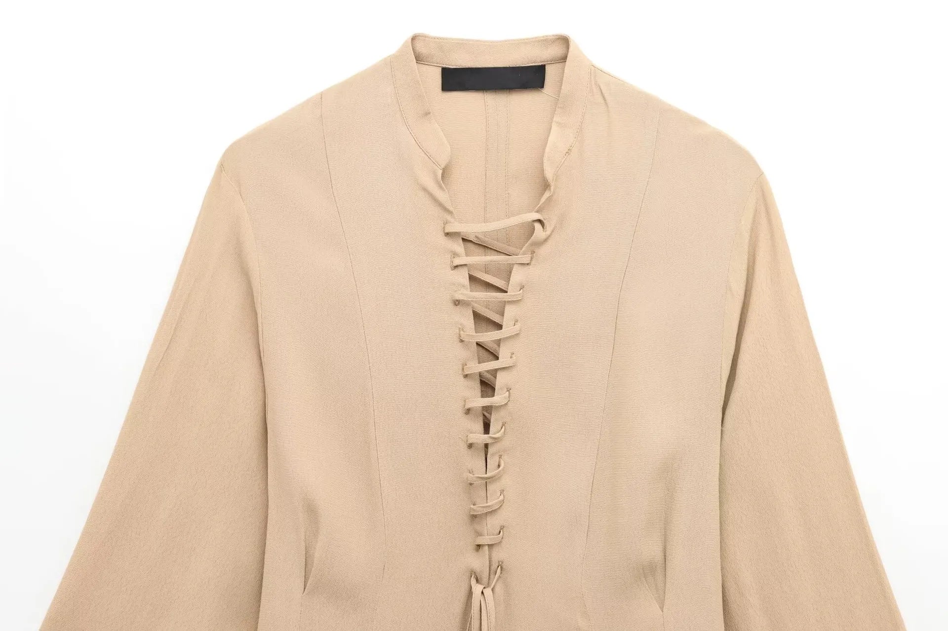 Womens Lace Up Mini Dress With Flared Sleeves Pleated