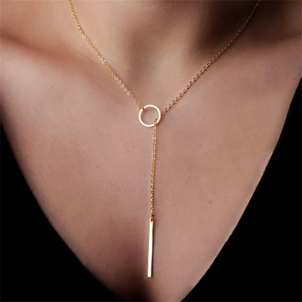 Vintage Layered Metal Bar Pendant Necklace for Women Gold Clavicle Chain Jewelry