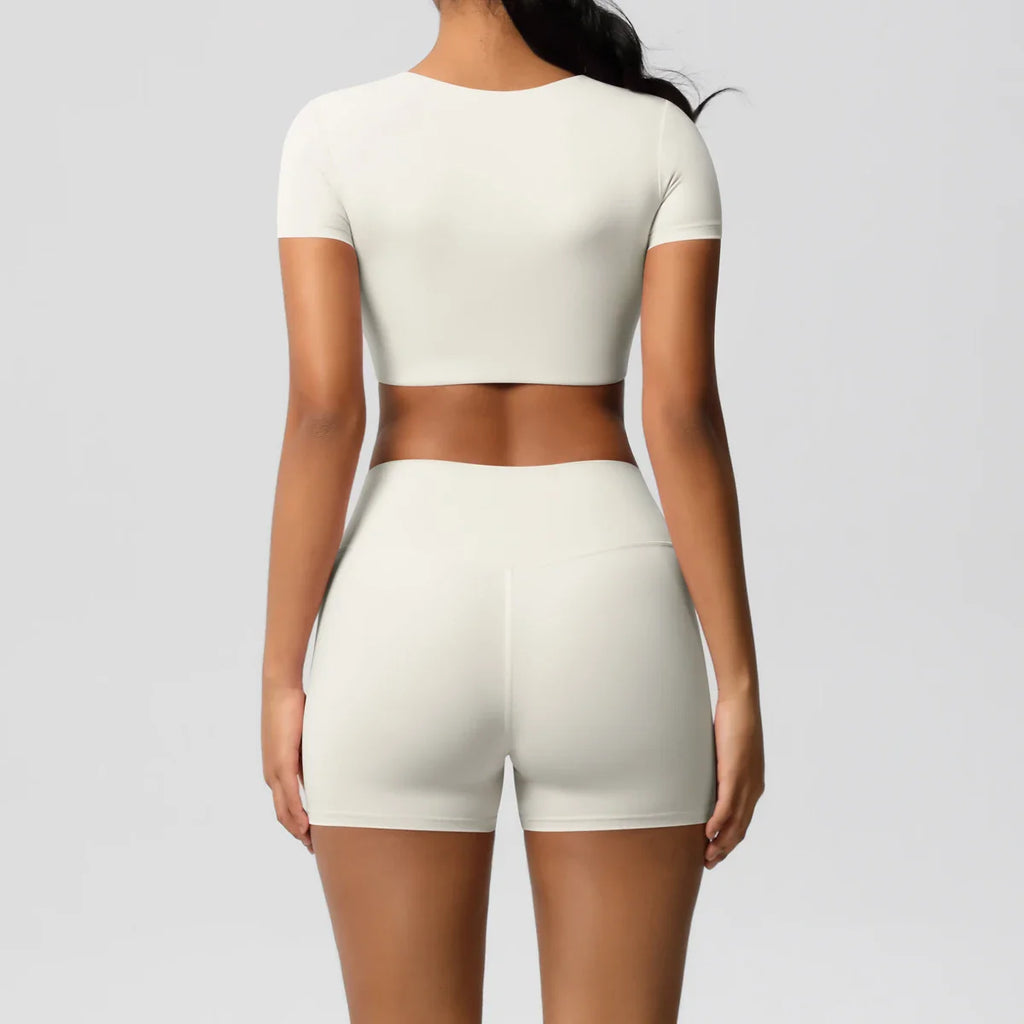 2PCS Women's Fitness Yoga Set High Waist Shorts with Short Sleeve Gym Top Seamless Sportswear Tracksuit for Activewear