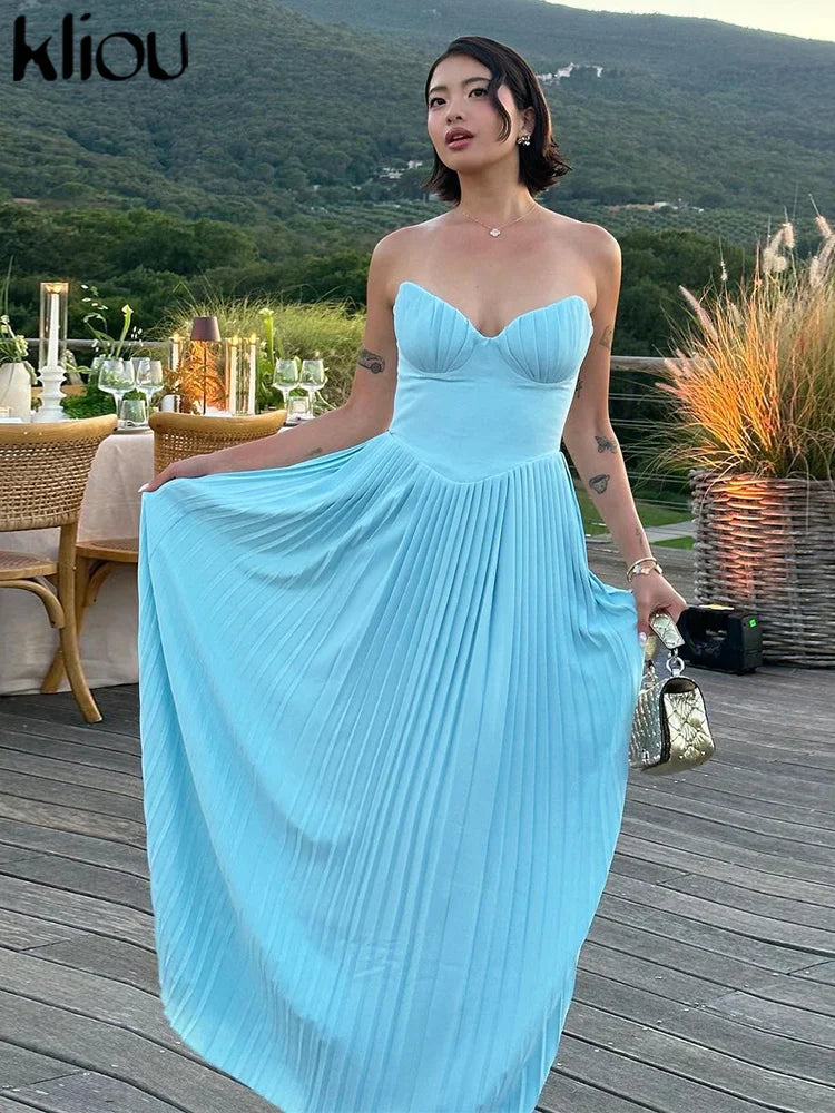 Pleated Maxi Dress Wrap Front Zip Up Bodice Shaping