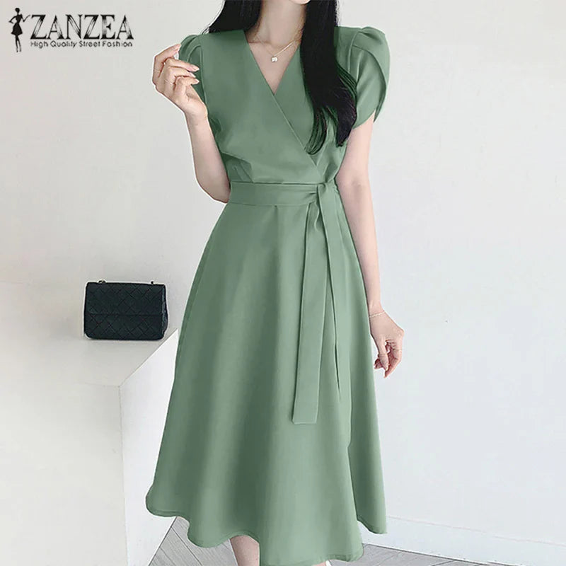 V Neck Midi Dress For Women Solid Cap Sleeve A Line