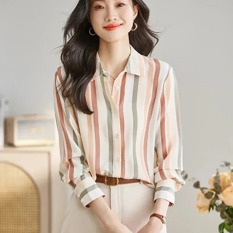 Striped Print Button Front Casual Long Sleeve Shirt for Women Lightweight Blouse for Spring and Fall Women's Tops