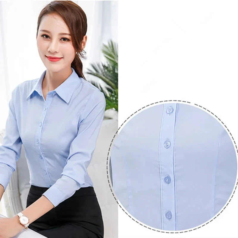 Women's Classic White and Pink Long Sleeve Shirts Elegant Blouses Basic Casual Tops for Ladies