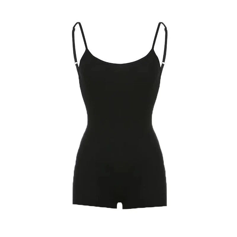 Solid Backless Tank Bodysuit Top with U-Neck Slim Fit Romper One-Piece Bodycon Jogger Shorts Playsuit for Women