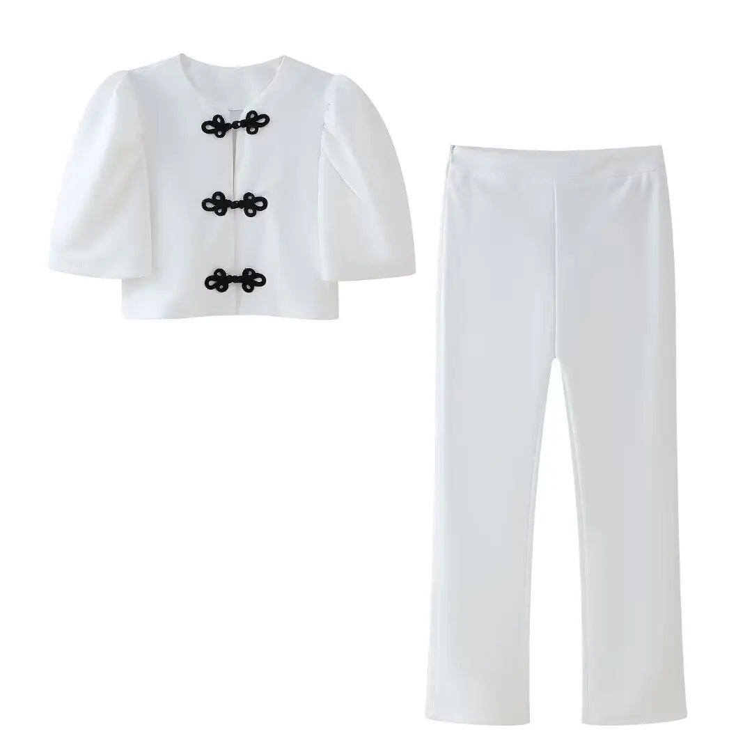 Women's Summer 2-Piece Set Solid Color Puff Sleeve Shirt and Zipper Mid-Rise Street Pants