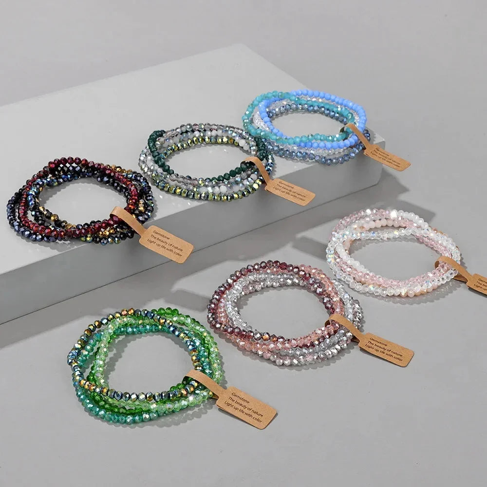 4 Pieces Multi Color Faceted Glass Beads Stretch Bracelet Set for Women