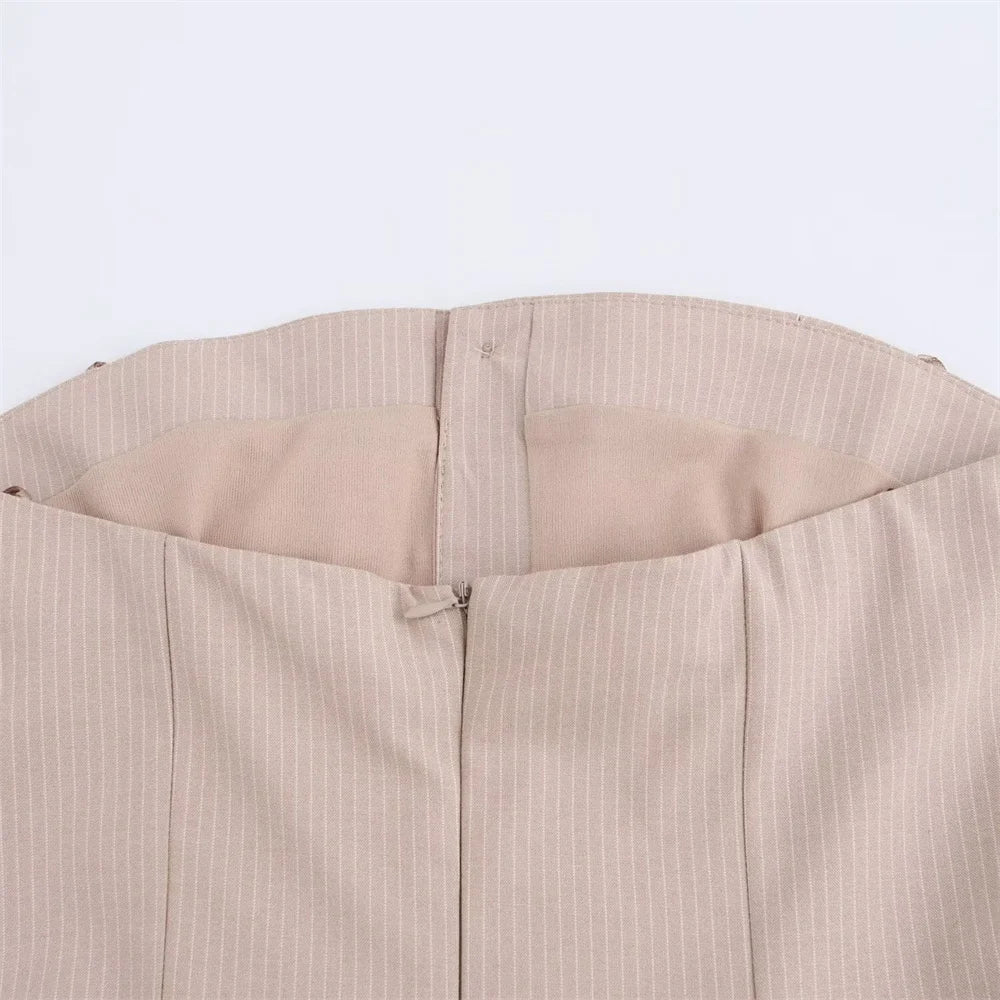 Striped Strapless Mini Dress With Folded Hem And Button