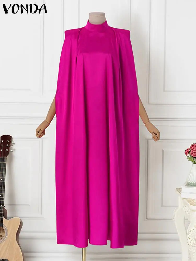 Satin Pleated Evening Dress With Stand Collar Long Sleeve