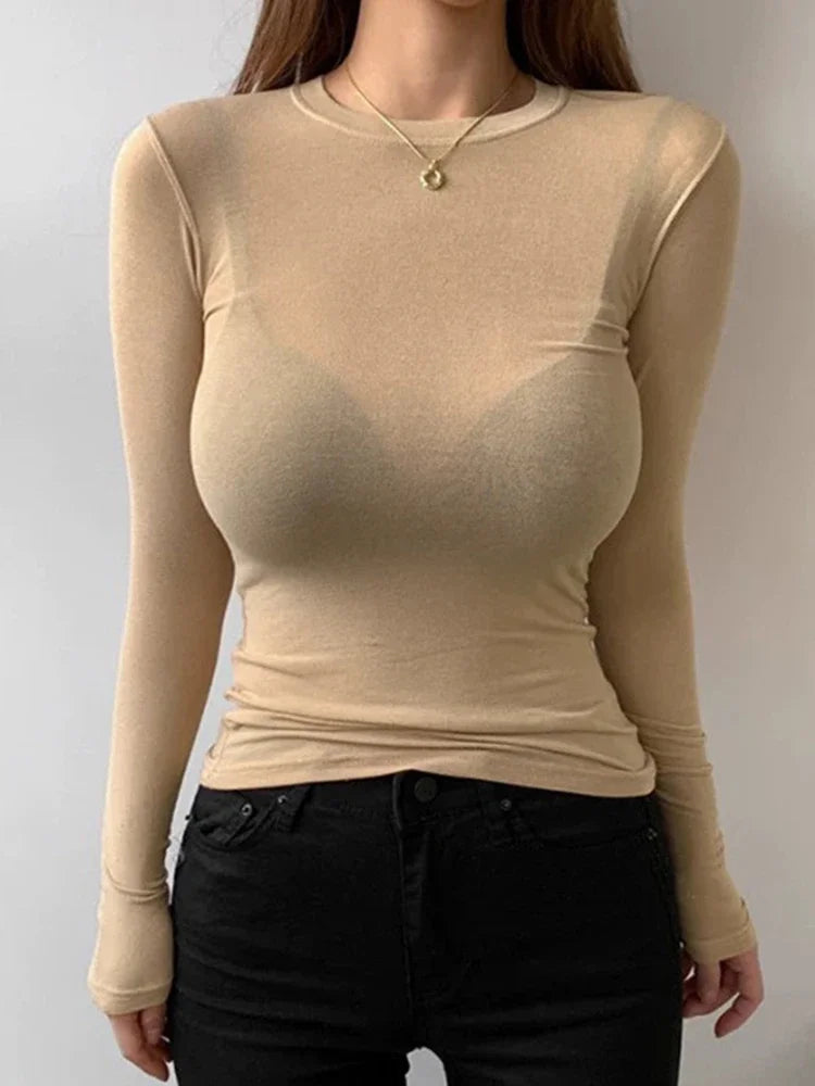 Korean Style Slim Fit Cotton Long Sleeve T Shirt for Women Soft Transparent Summer Tee