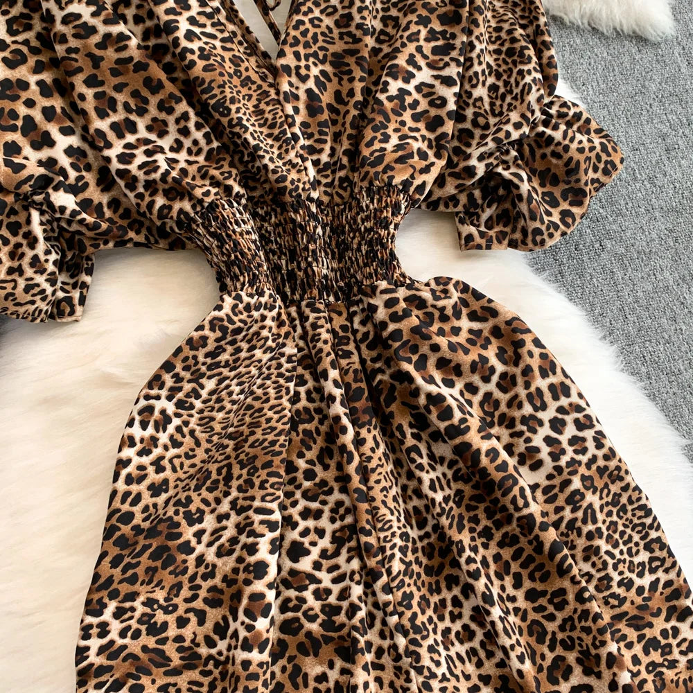 Women's Summer V-Neck Leopard Print Lace-Up Jumpsuit Short Sleeve Loose Fit Playsuit Overalls with Elegant Ruffle Detail