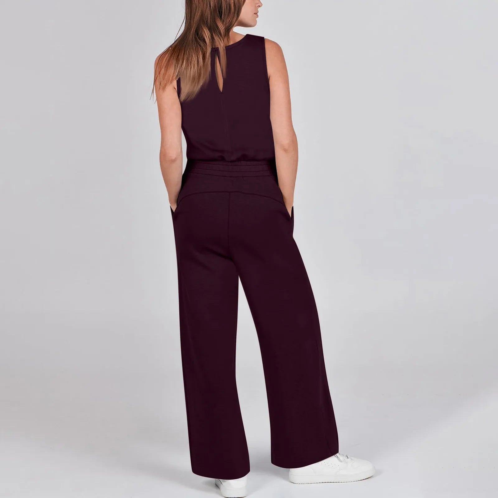 Women's Sleeveless Solid Color Casual Jumpsuit with Drawstring Waist Pockets Straight Leg Thin Commuting Outfit