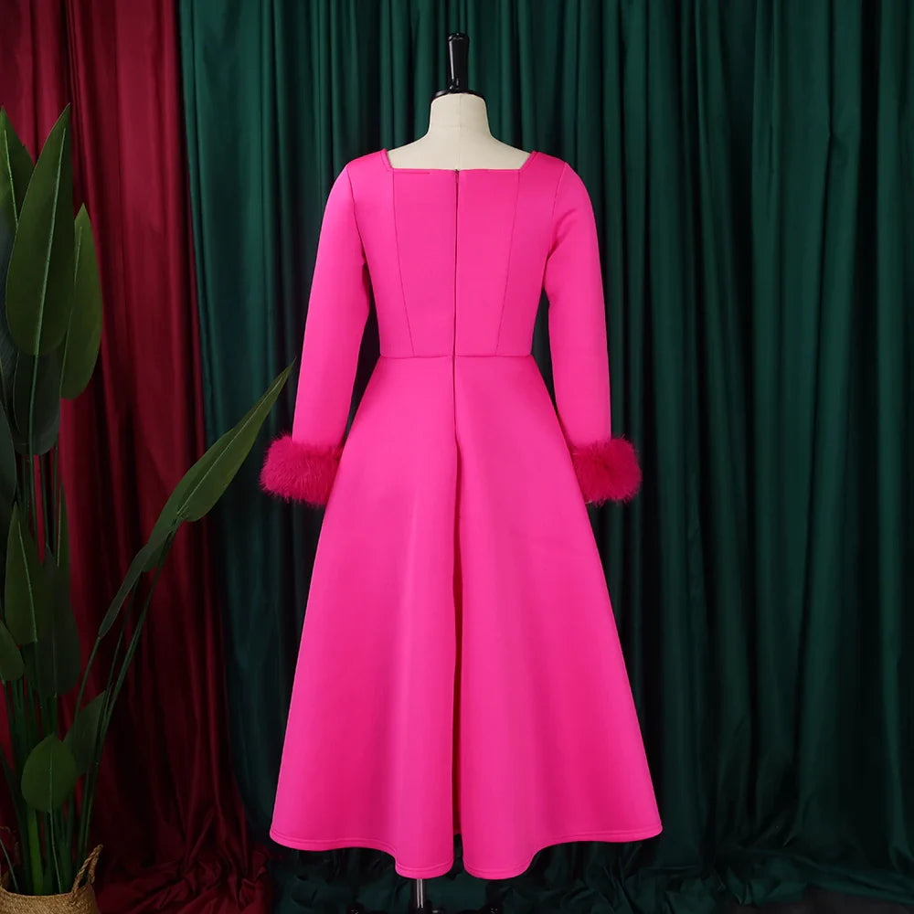 Square Neck Party Dress Women Pleated A Line Mid Calf