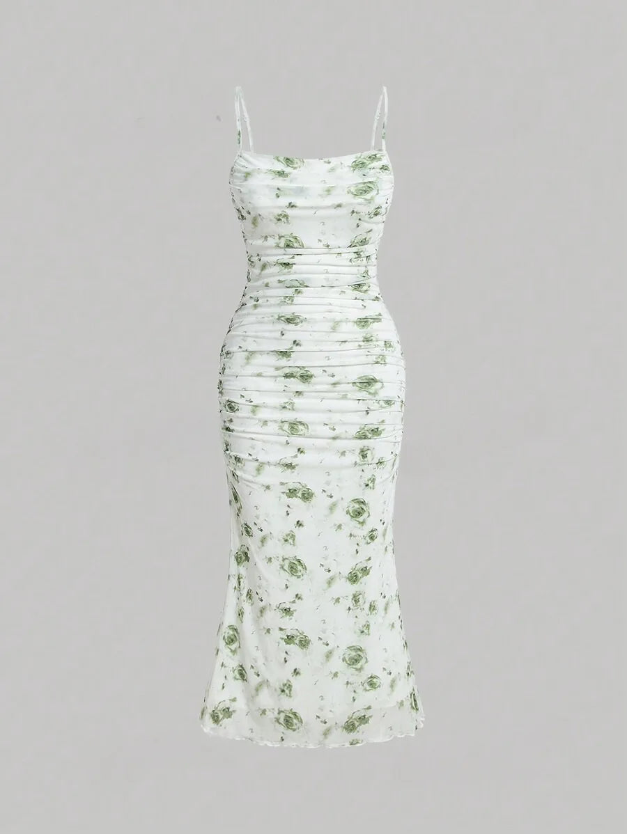 Retro Floral Sling Dress For Spring Summer Slim Fit