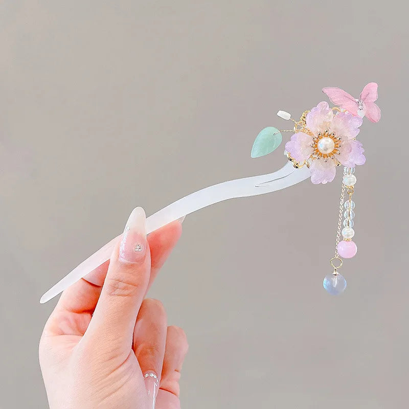 Elegant Enameled Flower Tassel Hair Clip Alloy Hairpin for Women Stylish Chinese Hair Accessory