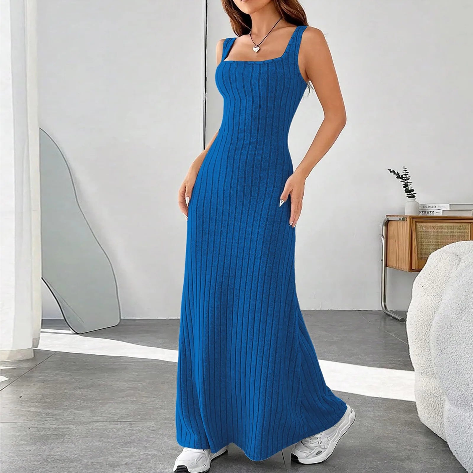 Floral Sundress For Women Pockets Square Neck Tank Dress