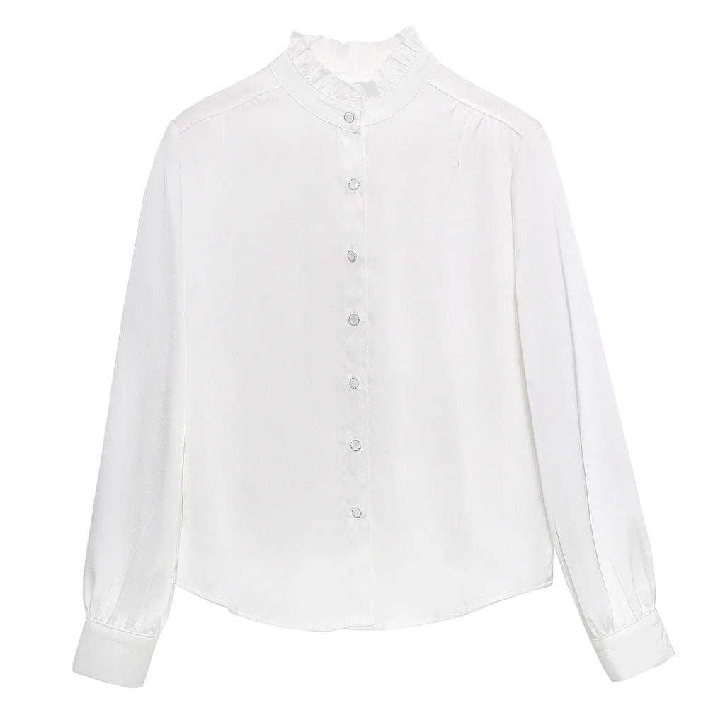 Women's Elegant Long Sleeve Chiffon Blouse with Stand Collar Lightweight White Shirt Top