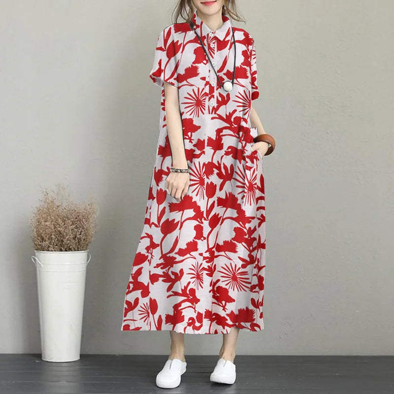 Floral Print Shirt Dress For Women Loose Midi Sundress