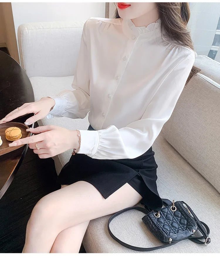Women's Elegant Long Sleeve Chiffon Blouse with Stand Collar Lightweight White Shirt Top