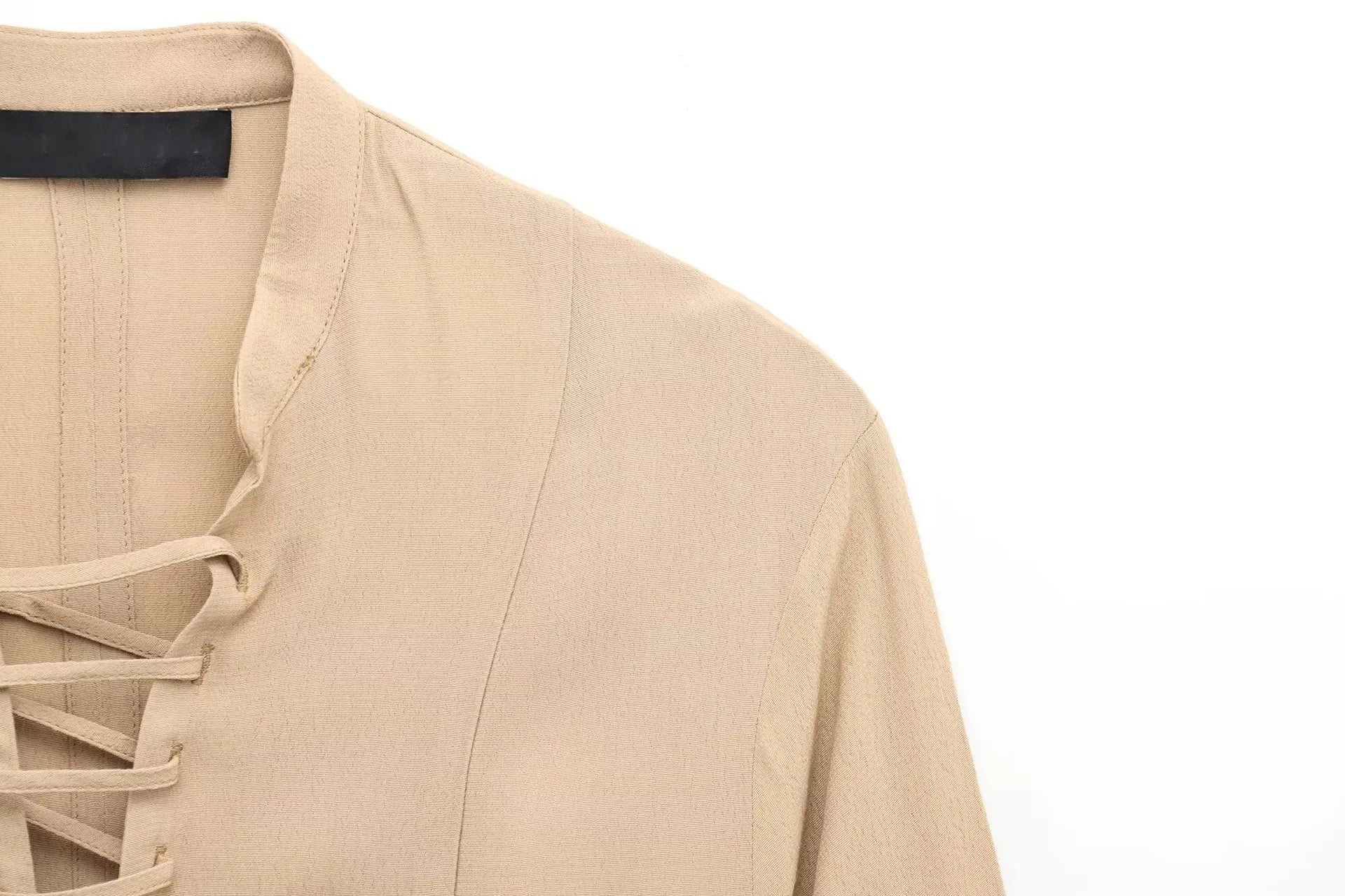 Womens Lace Up Mini Dress With Flared Sleeves Pleated