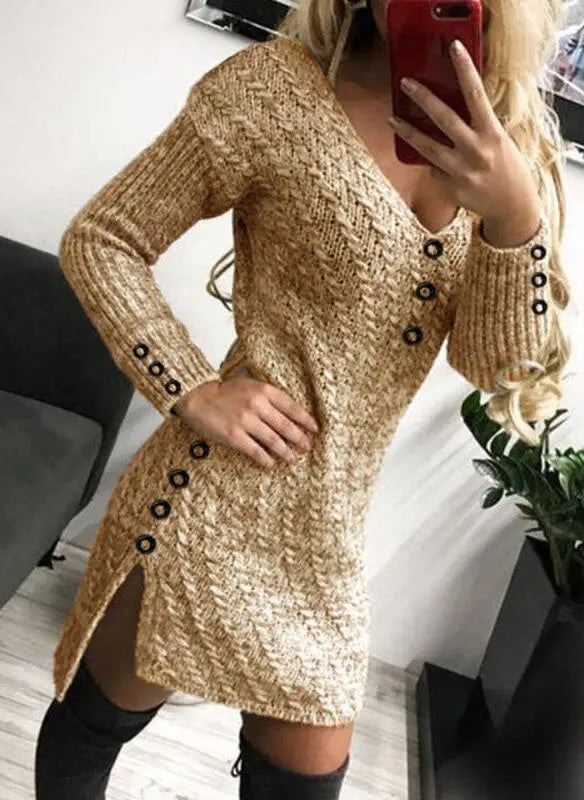 V Neck Knitted Dress Slim Fit Autumn Winter Solid Color