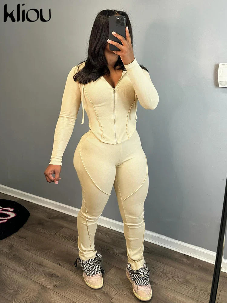 Casual Sporty 2 Piece Activewear Set for Women with Irregular Full Sleeve Zip-Up Hoodie and Slim Elastic Pants