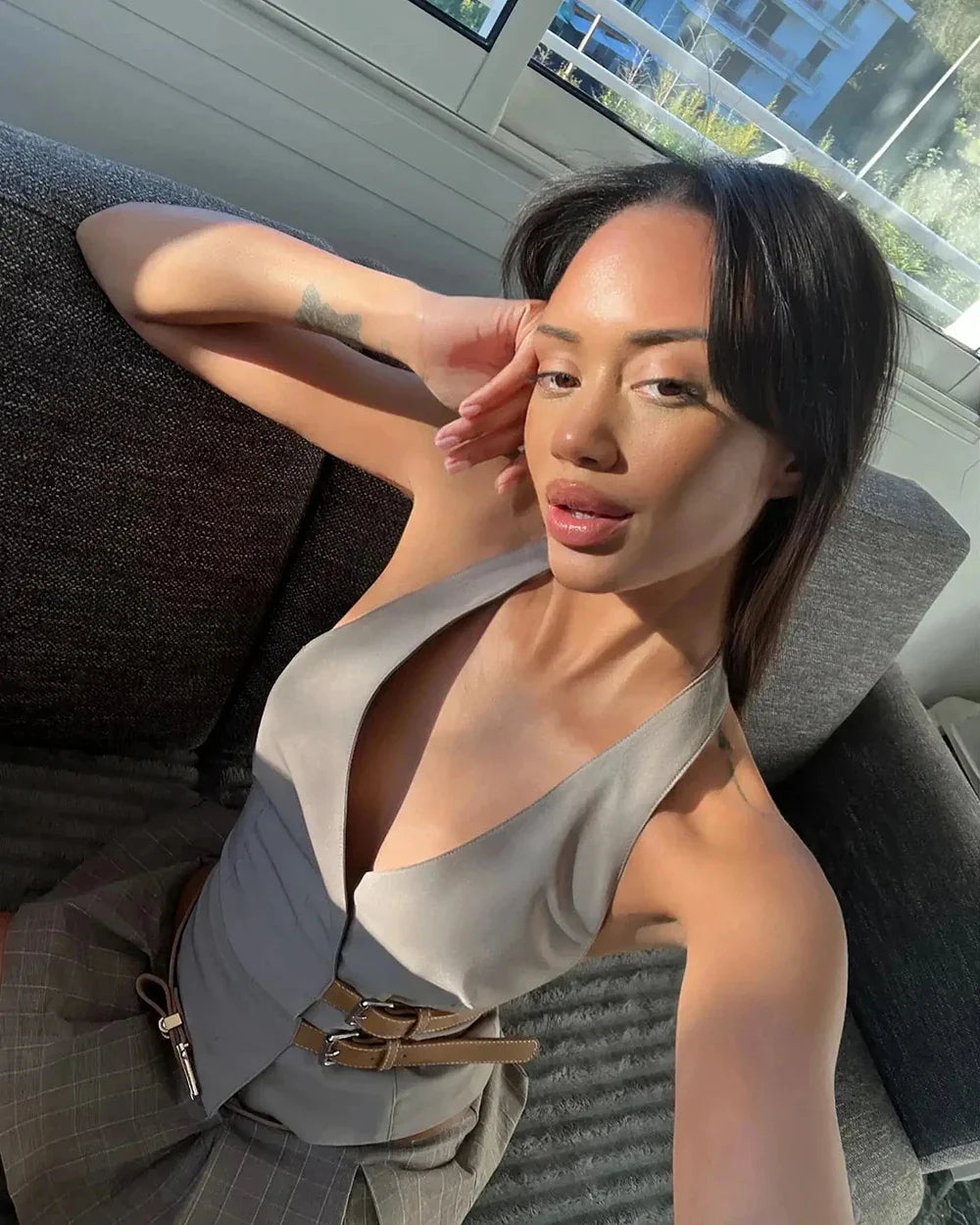 Women's Two-Piece Suit Set with Belt Halter V-Neck Top and High-Waisted Pleated Pants