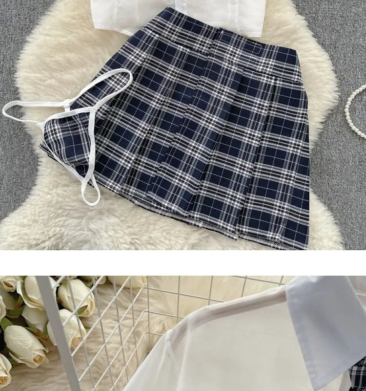 Sexy Preppy Style JK Set for Women Polo Neck See-Through Crop Top Plaid Pleated Short Skirt Student Cosplay Outfit