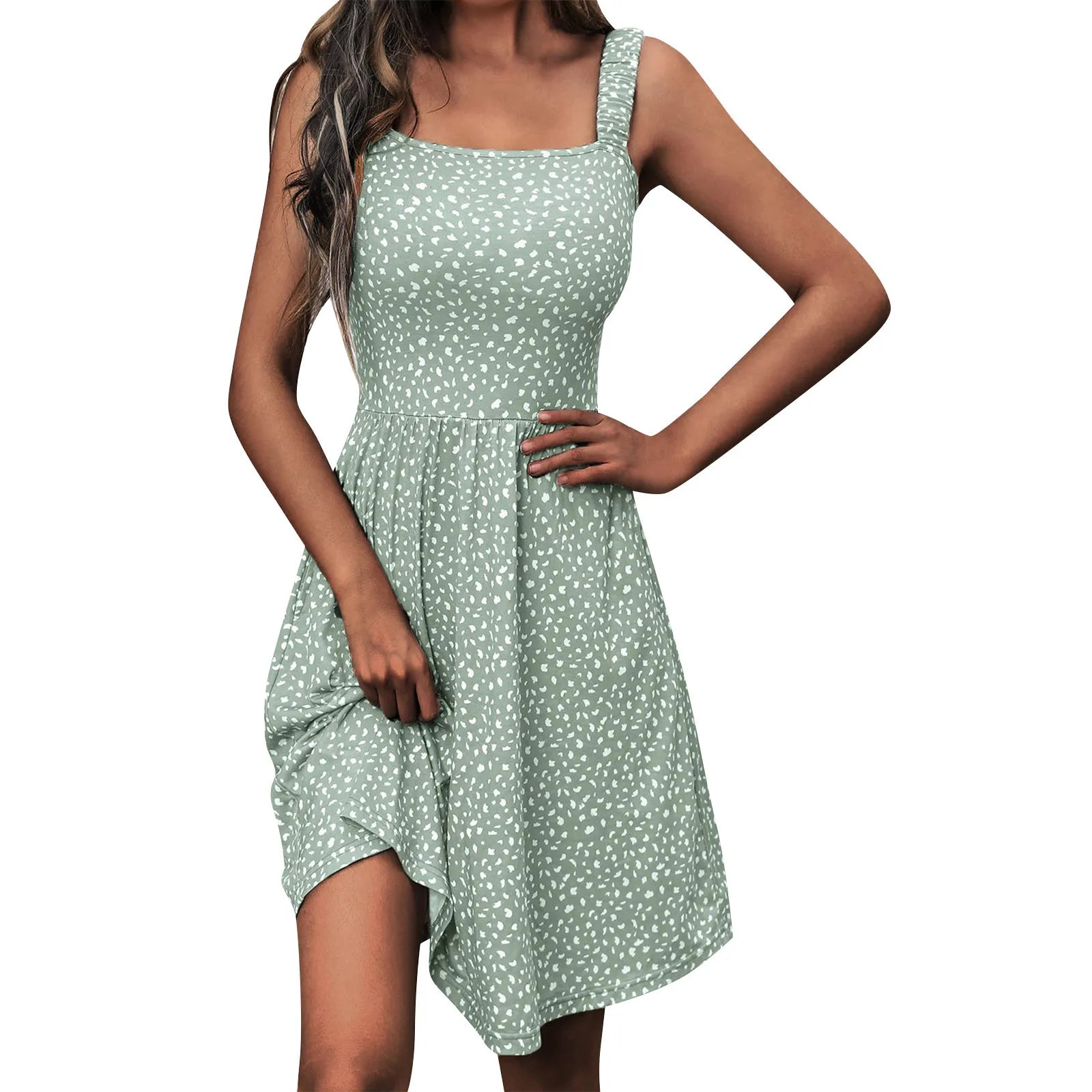 Sleeveless Summer Square Neck Dress With Pockets High Waisted