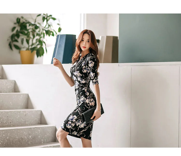 V-Neck Pencil Dress for Women Vintage Print Office Wear