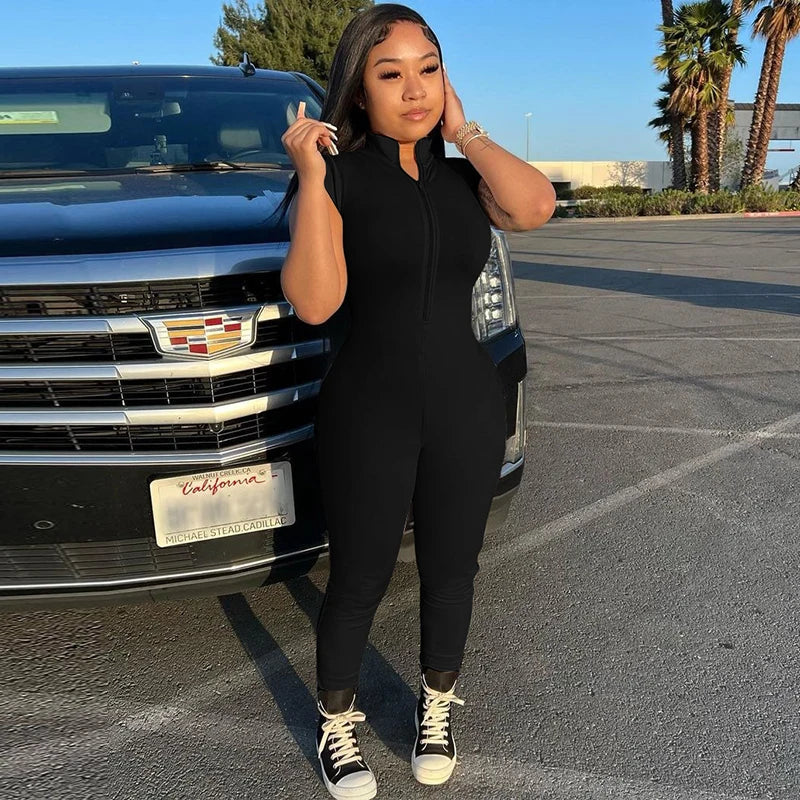 Women's Sleeveless Zipper Neck Sexy Bodycon Jumpsuit One Piece Stylish Summer Streetwear Party Gym Romper Overalls