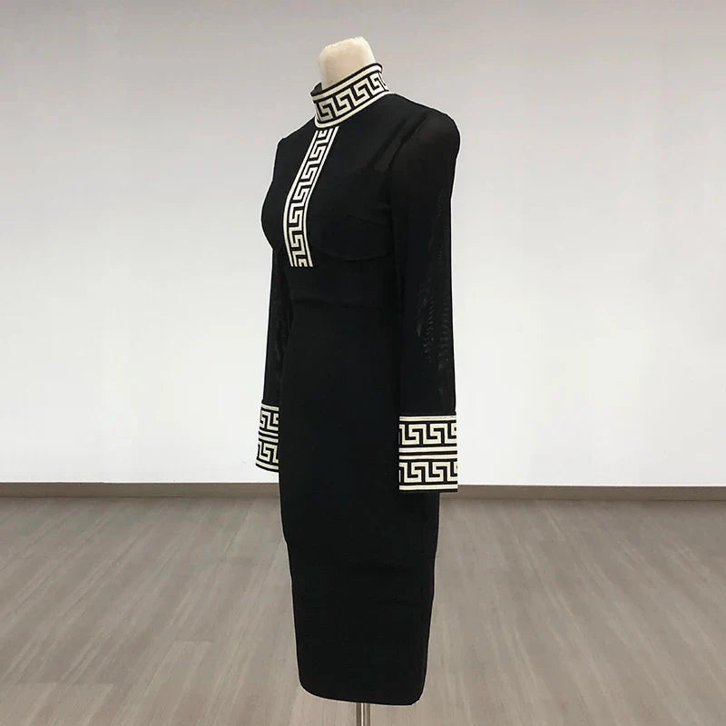 Black Mesh Bandage Dress for Women Long Sleeve Bodycon