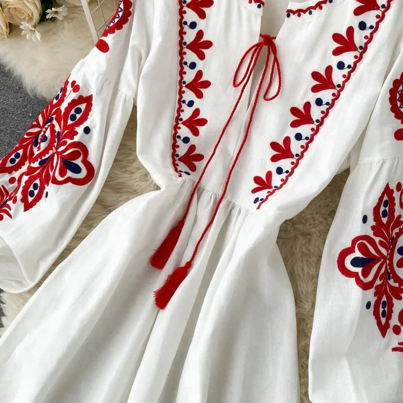 Bohemian Embroidered Floral Dress With Lantern Sleeve