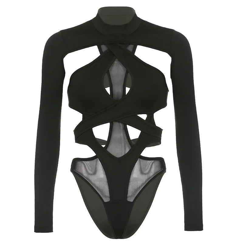 Gothic Sexy Solid Color Hollow Out Jumpsuit for Women Long Sleeve Cyberpunk Patchwork Bodysuit Streetwear Emo Alternative Rave Outfit