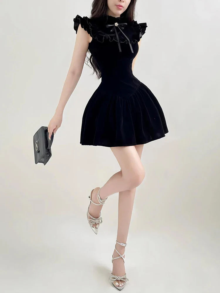 Black Velvet Mini Dress Sleeveless A Line Party Dress