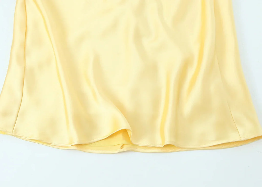 Yellow Satin Dress V Neck Backless For Women Party Evening