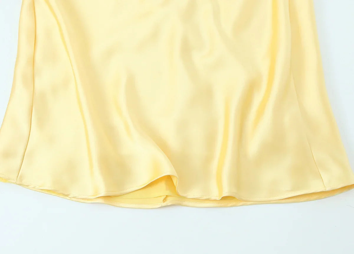 Yellow Satin Dress V Neck Backless For Women Party Evening