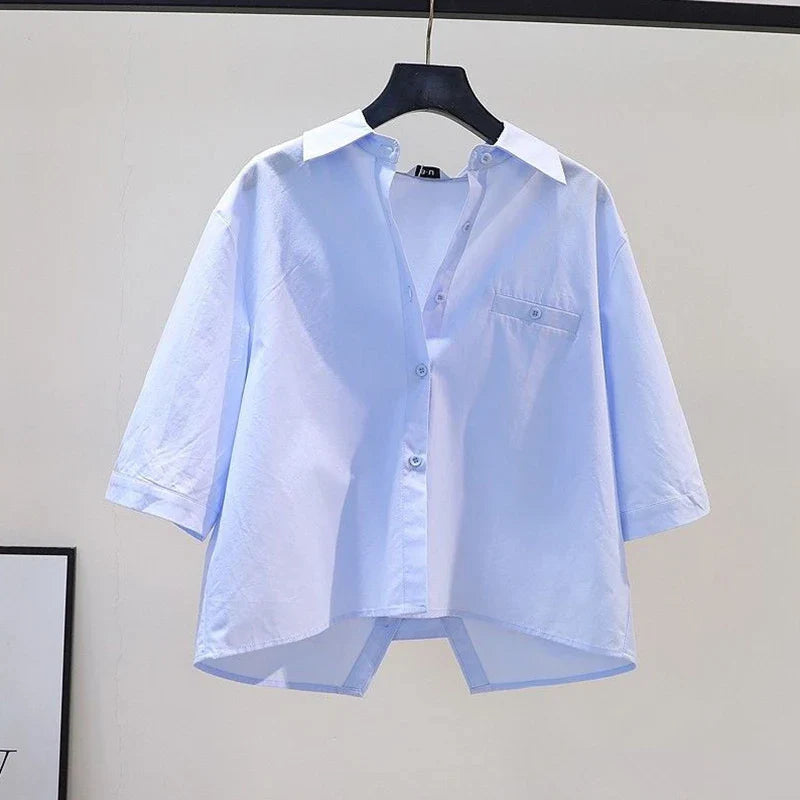 Chic White Back Split Blouse for Women Casual Short Sleeve Preppy Basic Office Shirt
