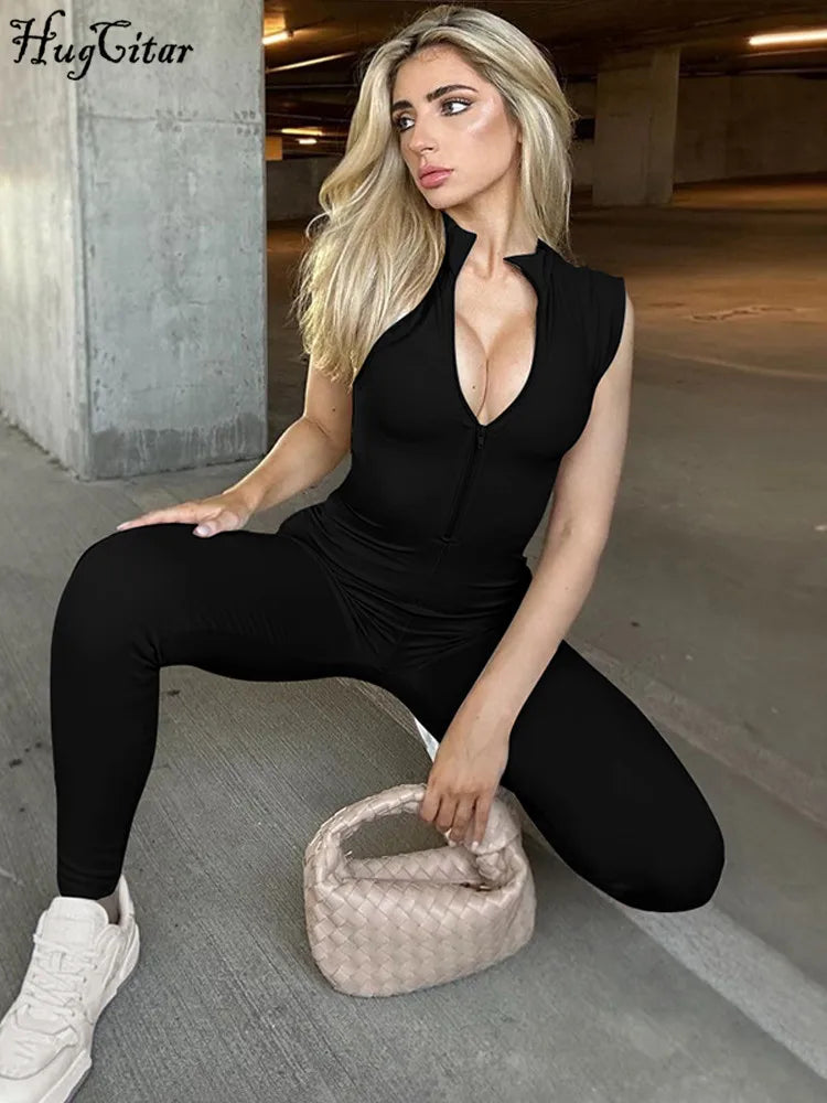 Women's Sleeveless Zipper Neck Sexy Bodycon Jumpsuit One Piece Stylish Summer Streetwear Party Gym Romper Overalls