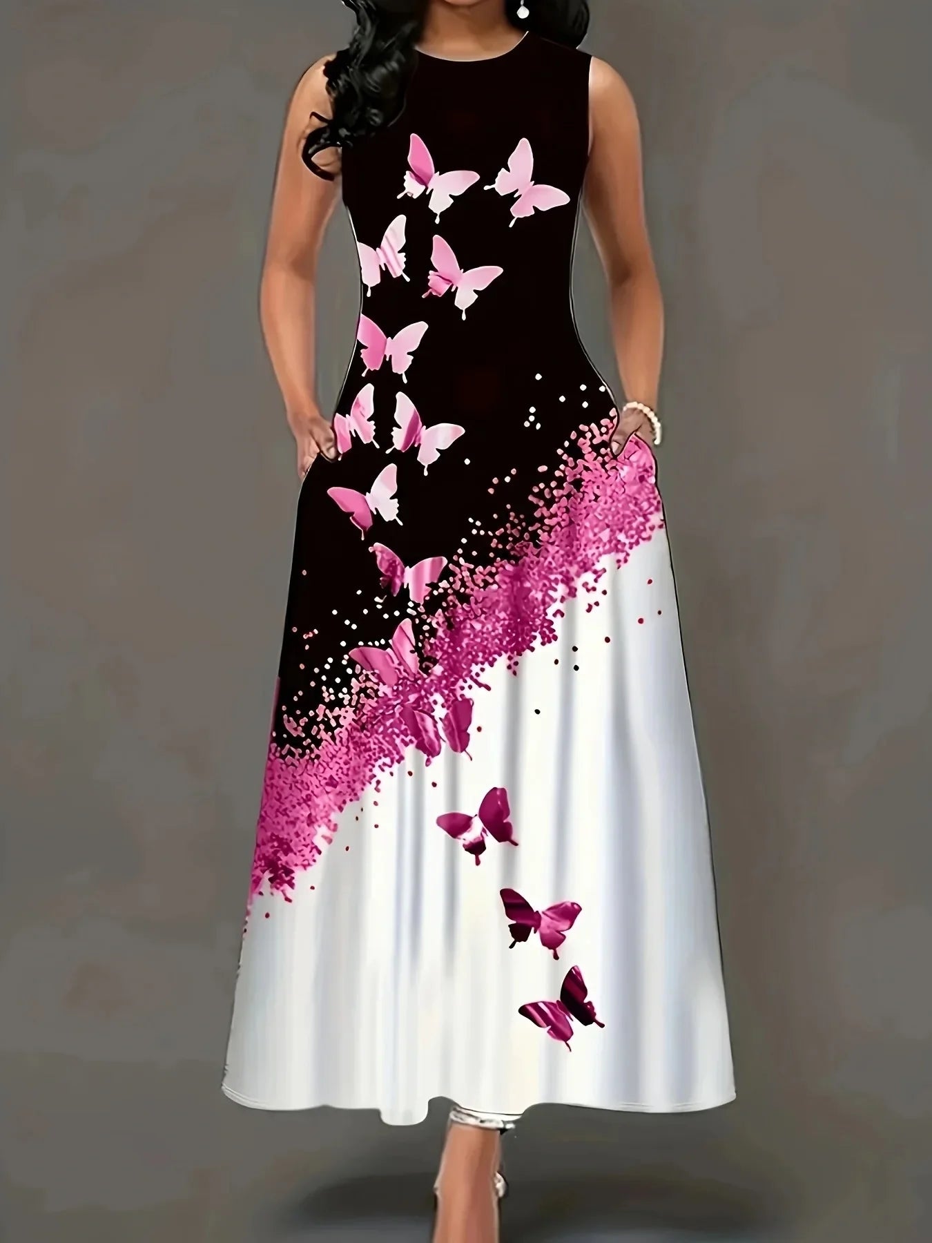 Butterfly Print A Line Summer Dress Front Pockets Style